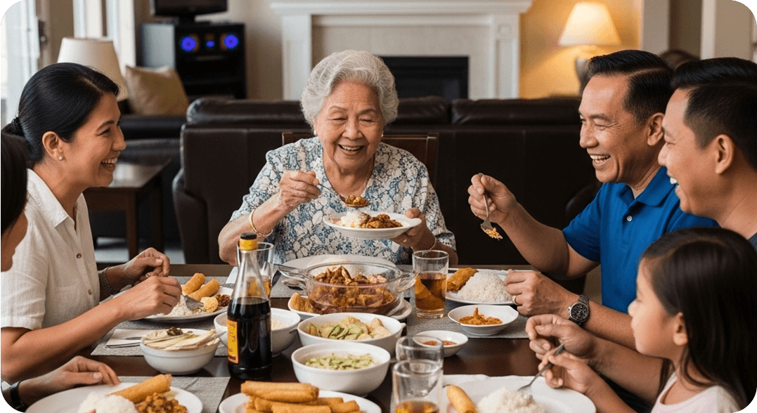 A Filipino family converse in Tagalog while eating dinner.