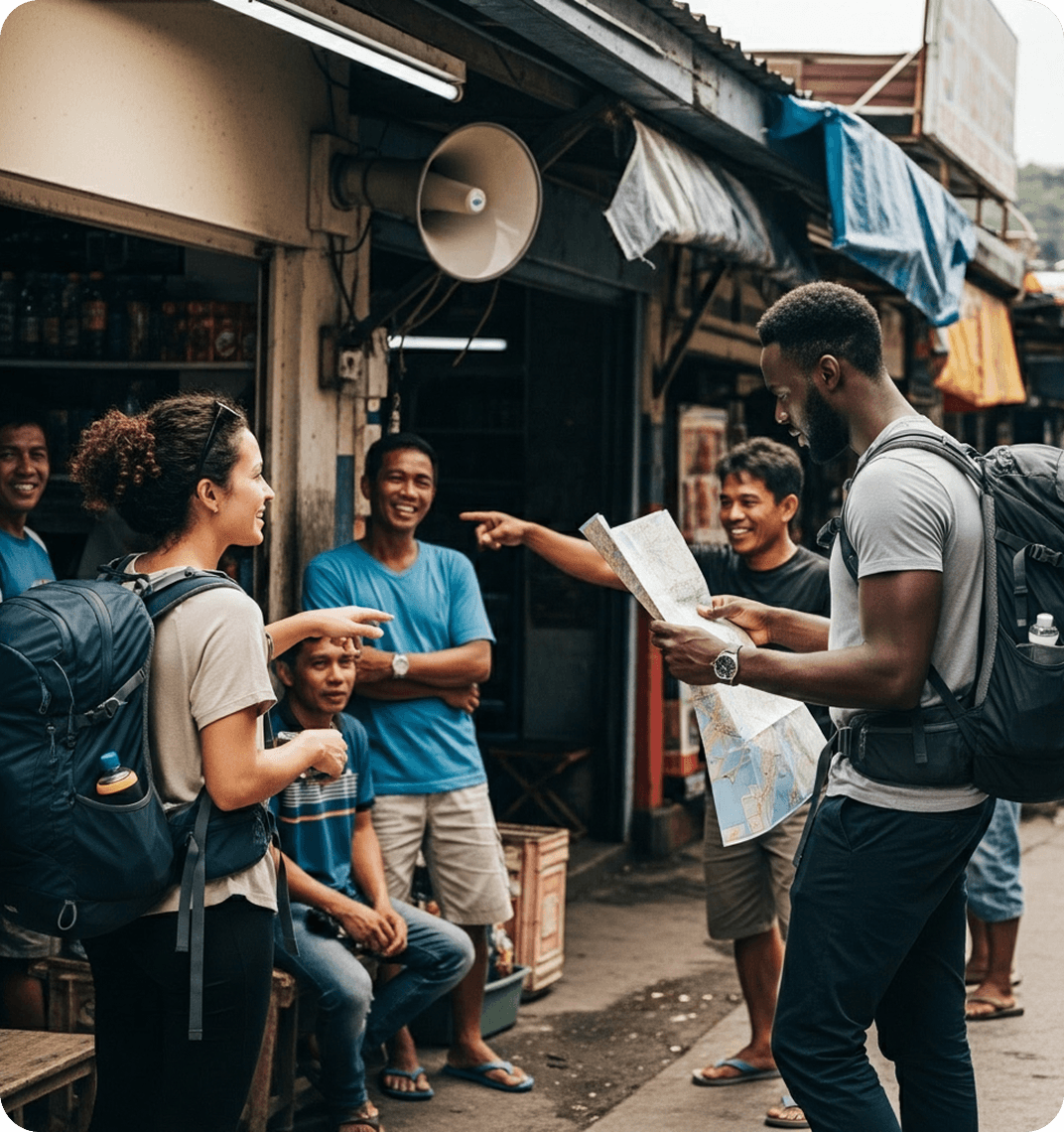 Two tourists in Quezon City ask for directions in Tagalog from locals.