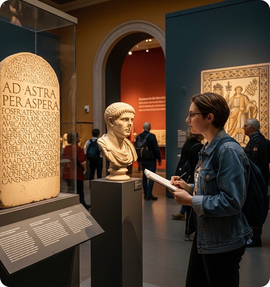 A visitor to a museum inspects a Latin transcription on a stone tablet.