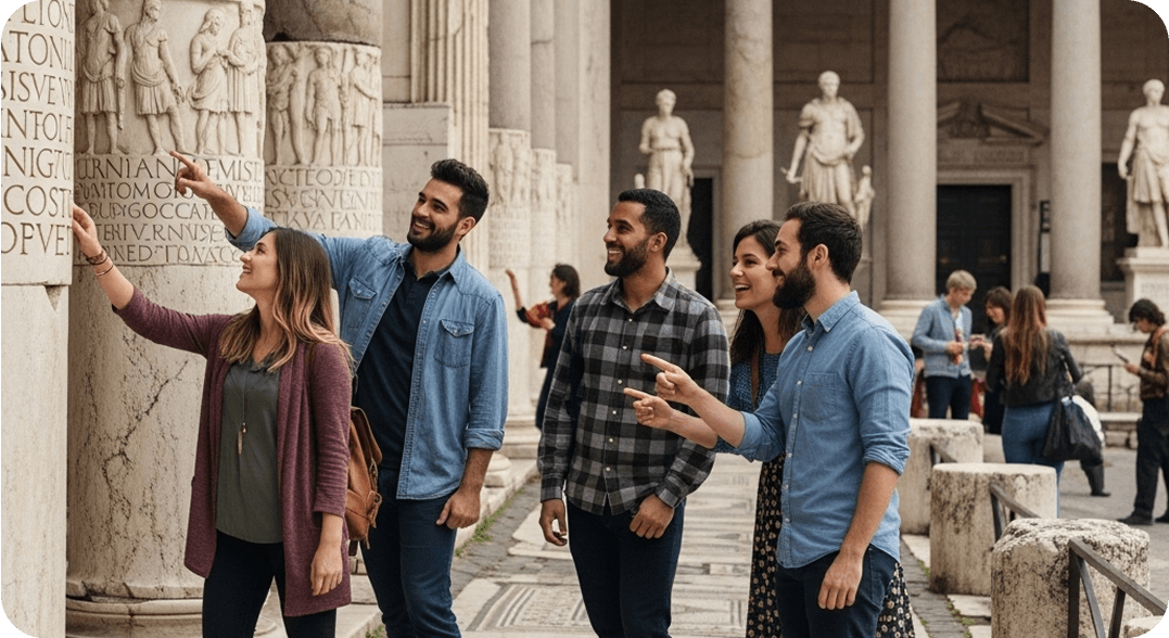 A group of friends deciphers the Latin text on marble and stone pillars.