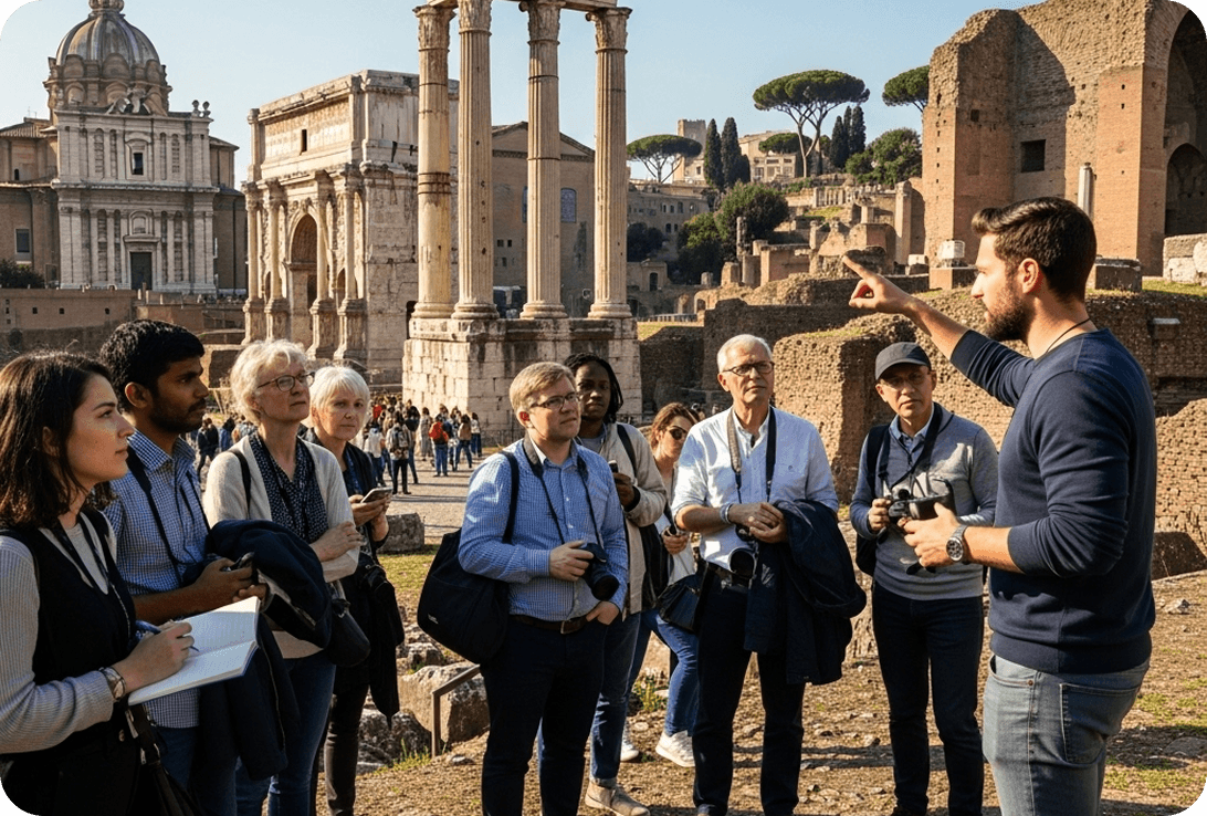 Tourists in Rome listen to a tour guide about Roman history.