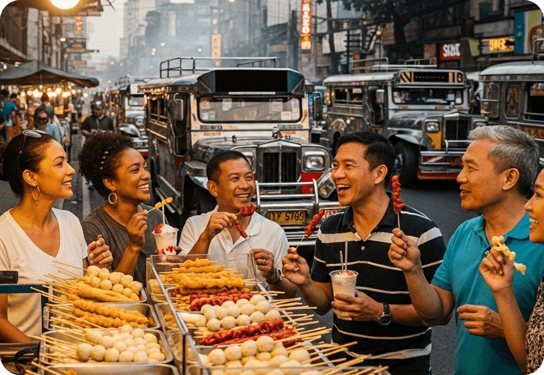 A friend group converses in Tagalog while eating from a street stall in Metro Manila.