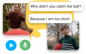 Images of a man and a young boy having a conversation about catching a ball.